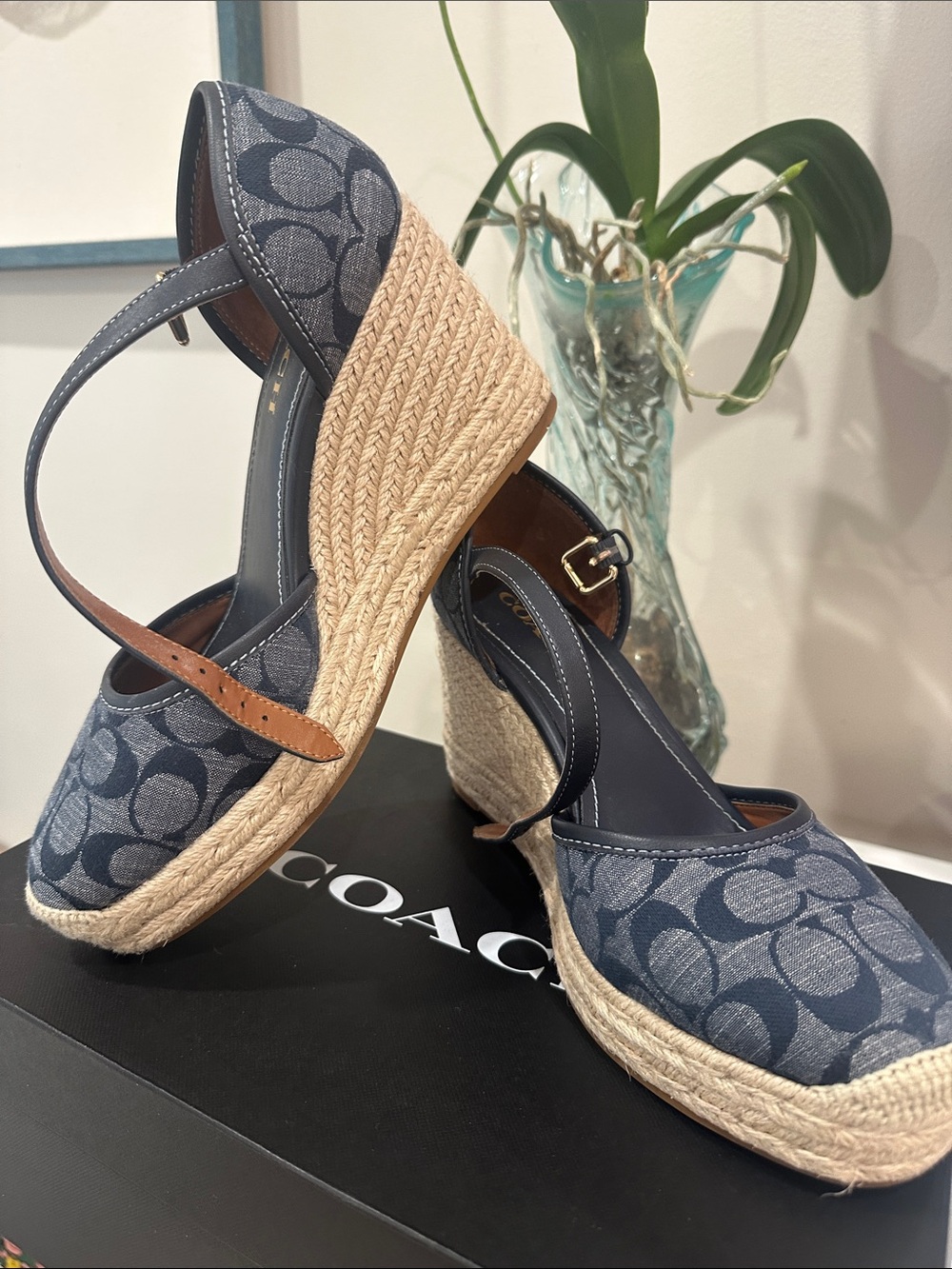 Coach Denim Signature Canvas Espadrille Wedge Sandals